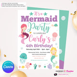 Mermaid Birthday Party Invitation, Under the Sea, Ocean, Beach, Jelly Fish, Star Fish, Shells - Printable Instant Download, Edit in Canva