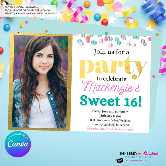 Confetti Pop Photo Party Invitation (White) - Any Age, Any Occasion, Gold, Aqua, Pink Confetti, Birthday Photo invite, Sweet 16, Edit in Canva