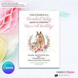 Horseback Riding Birthday Party Invitation, Watercolor, Horse, Flowers - Printable, Instant Download, Edit in Canva