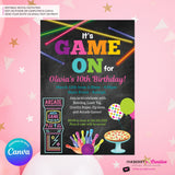 Game On - Arcade Games, Laser Tag, Pizza, Bowling Birthday Party Invitation, Girls Arcade Party, Printable, Instant Download, Edit in Canva