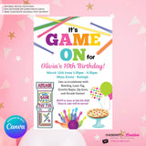 Game On - Arcade Games, Pizza, Bowling, Birthday Party Invitation - Girls Arcade Pizza Party - Printable, Instant Download, Edit in Canva