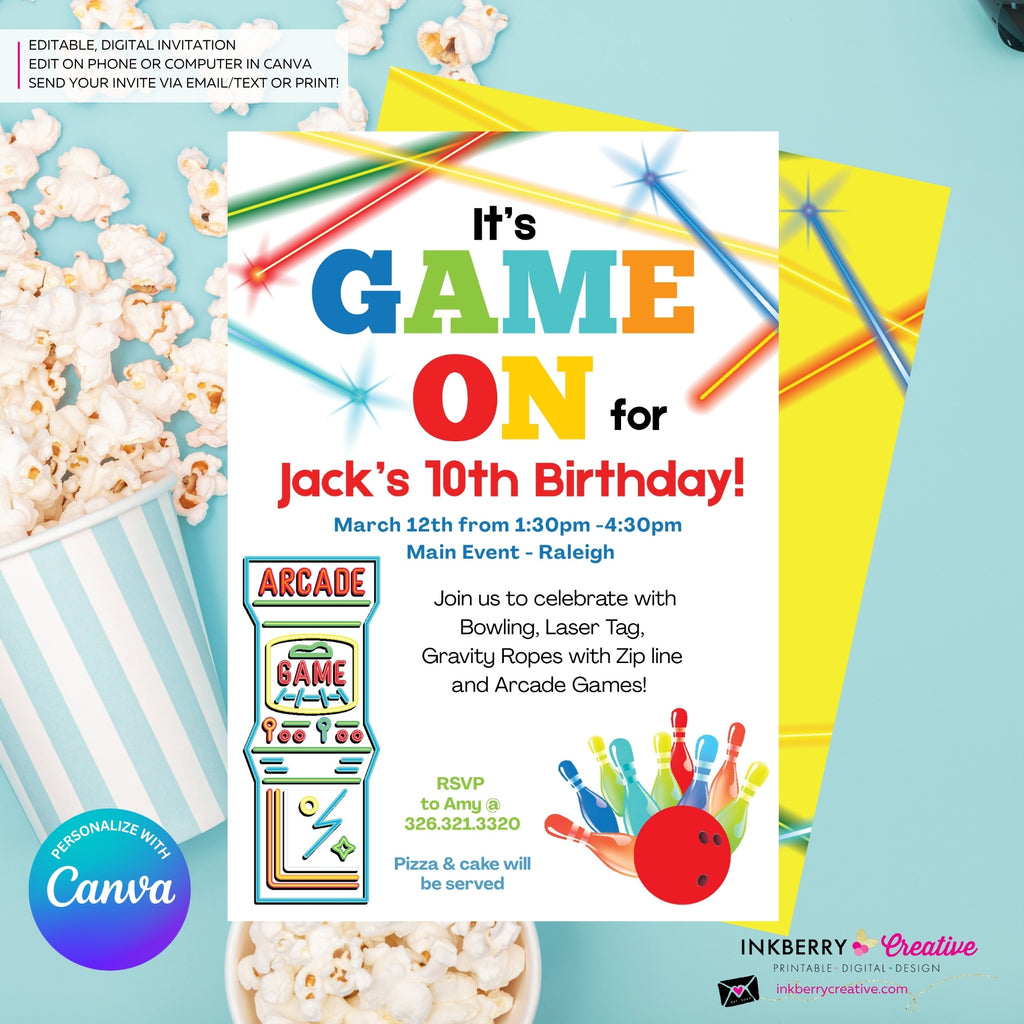 Game On - Arcade Games, Pizza Birthday Party Invitation - Boys Arcade Game Pizza Party - Printable, Digital File, Edit in Canva