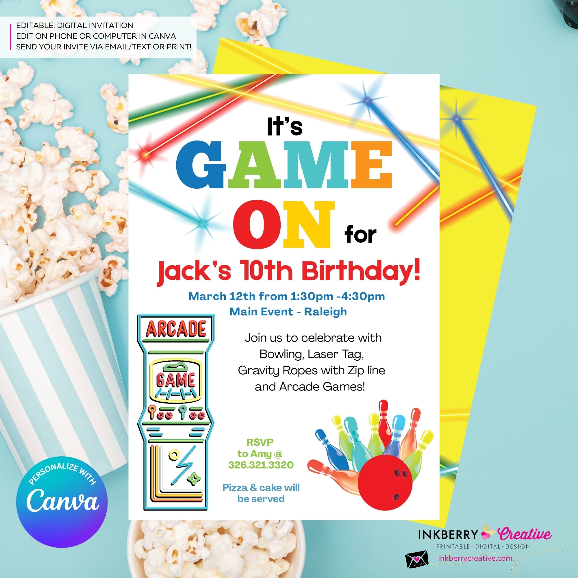 Game On - Arcade Games, Pizza Birthday Party Invitation - Boys Arcade Game Pizza Party - Printable, Digital File, Edit in Canva