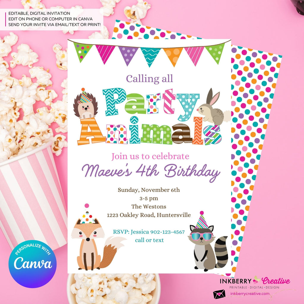Editable Party Animal Birthday Party Invitation - Girls Cute Woodland Forest Animals Party Invite, Customize and Edit in Canva