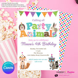 Editable Party Animal Birthday Party Invitation - Girls Cute Woodland Forest Animals Party Invite, Customize and Edit in Canva