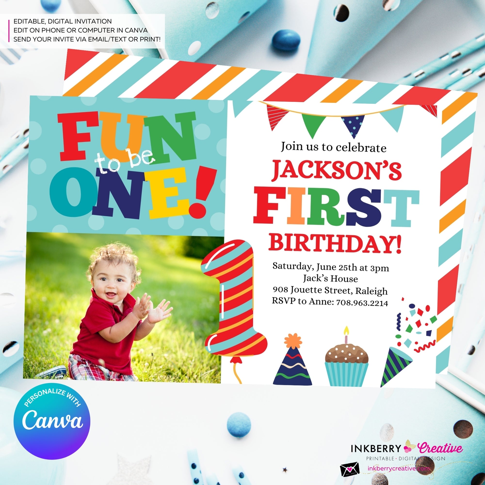 Fun to be One 1st Birthday Invite, Colorful Boys First Birthday Photo Invitation, Primary Colors, Printable, Digital Download, Edit in Canva