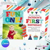 Fun to be One 1st Birthday Invite, Colorful Boys First Birthday Photo Invitation, Primary Colors, Printable, Digital Download, Edit in Canva
