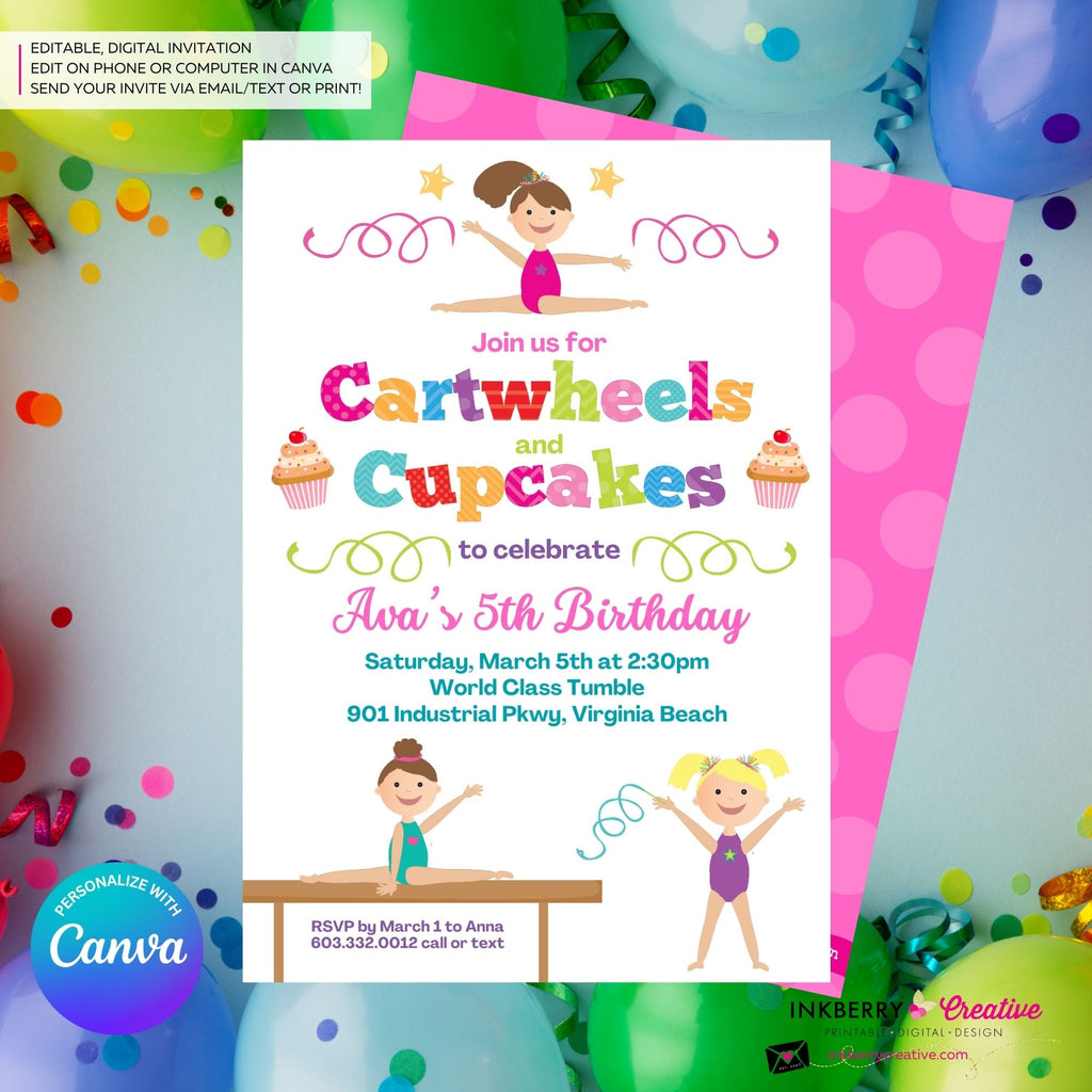 Gymnastics Party Invitation (White) - Cartwheels and Cupcakes Gymnastics Birthday Party Invite - Printable, Instant Download, Edit in Canva