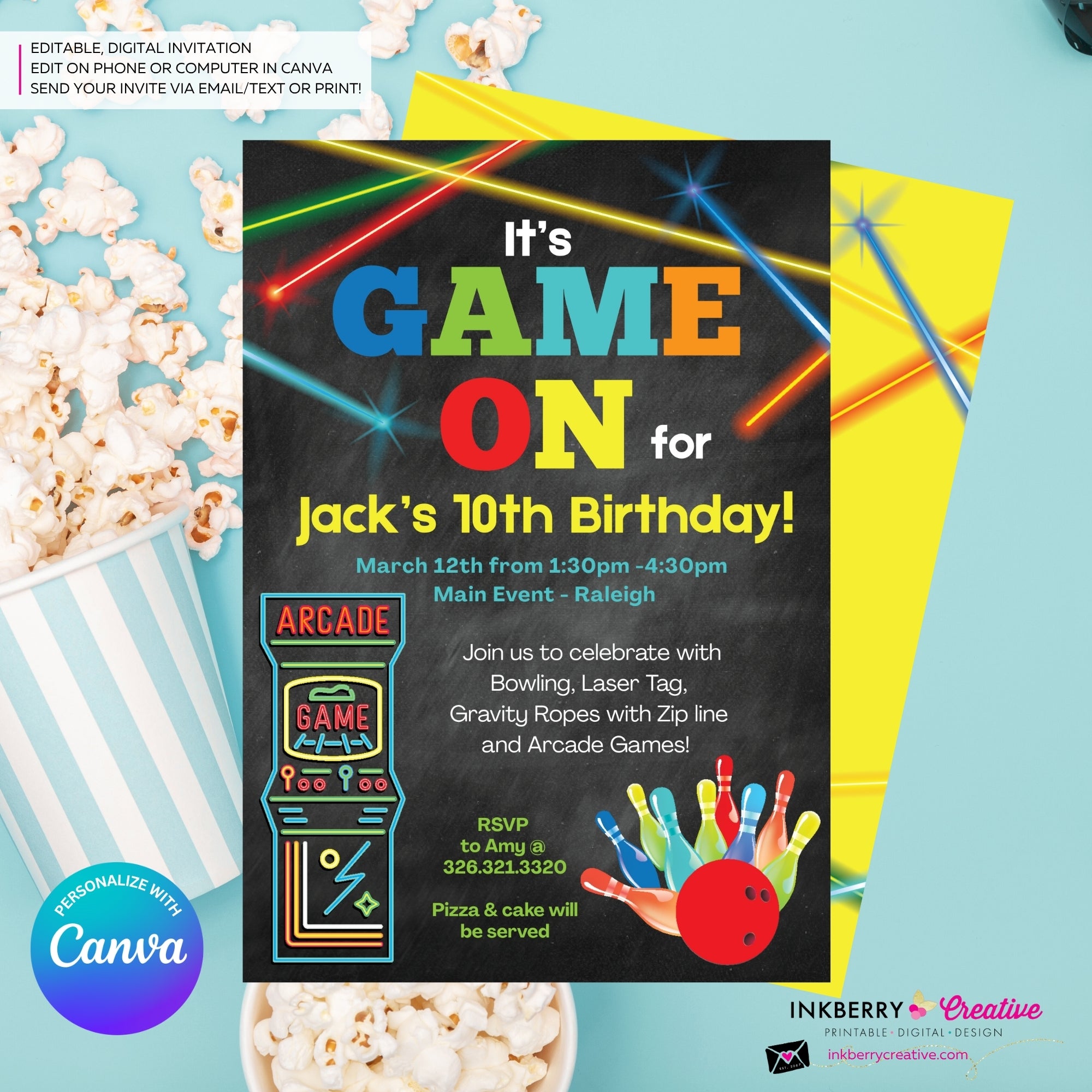 Game On - Arcade Games, Laser Tag, Bowling Birthday Party Invitation - Boys Arcade Game Party - Printable, Instant Download, Edit in Canva