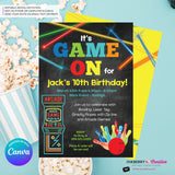 Game On - Arcade Games, Laser Tag, Bowling Birthday Party Invitation - Boys Arcade Game Party - Printable, Instant Download, Edit in Canva