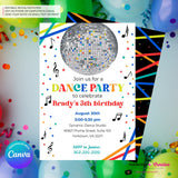 Neon Glow Dance Party Invitation (Boys White Multi) with Disco Ball - Printable, Instant Download, Edit in Canva