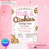 Milk and Cookies Birthday Party Invitation - Girls Pink, Brown, First Birthday or Any Age, Instant Download, Personalize and Edit in Canva