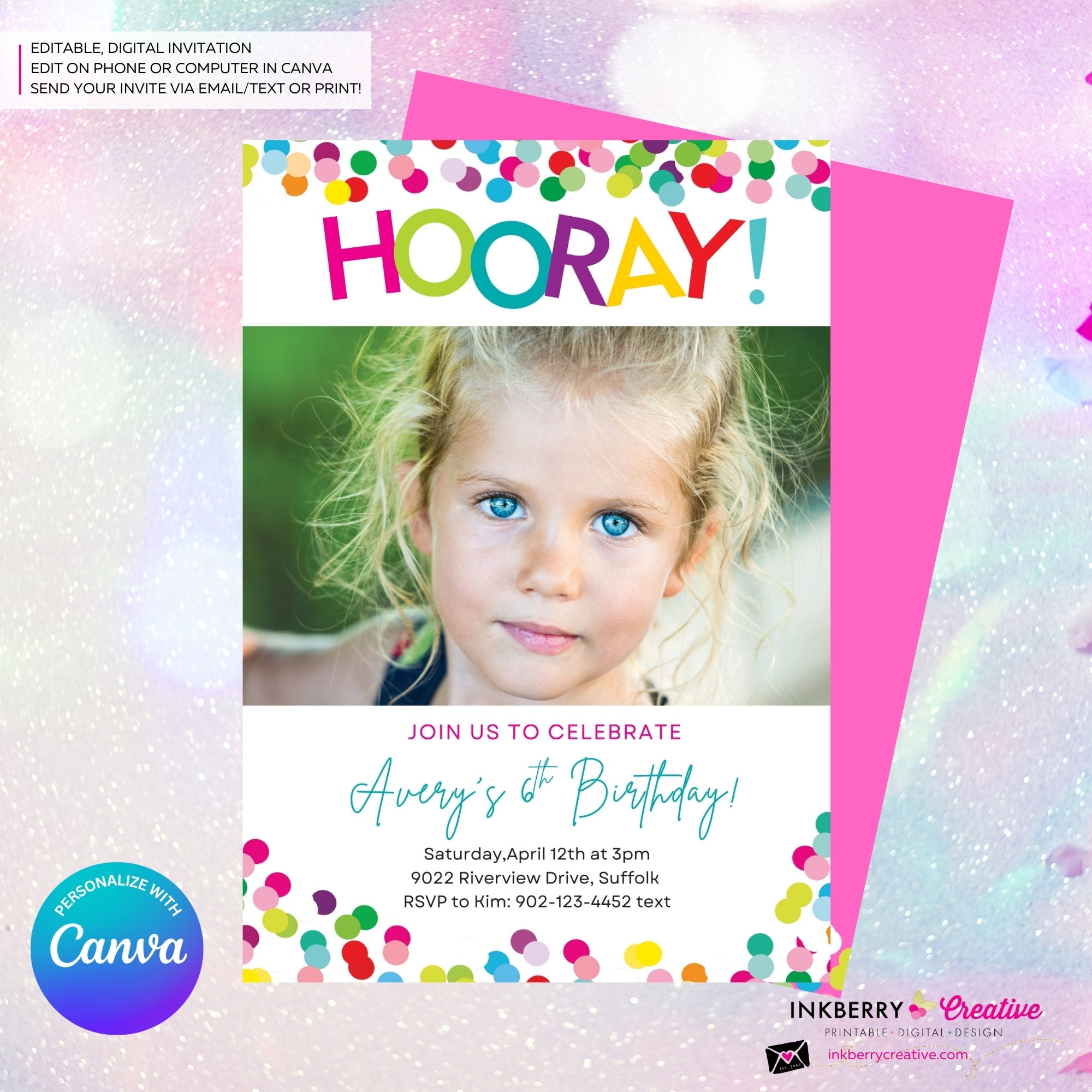 Hooray Confetti Girls Photo Birthday Party Invitation, Printable, Instant Download, Editable, Digital Invite, Edit in Canva