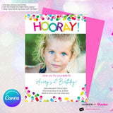 Hooray Confetti Girls Photo Birthday Party Invitation, Printable, Instant Download, Editable, Digital Invite, Edit in Canva
