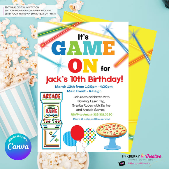 Game On - Arcade Games, Pizza Birthday Party Invitation - Boys Arcade Game Pizza Party - Printable, Instant Download, Edit in Canva