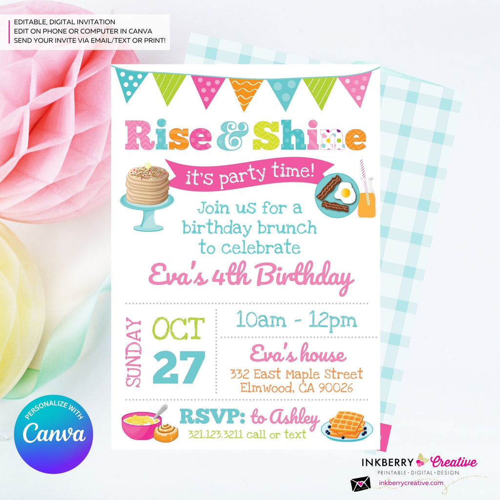 Rise and Shine Girls Birthday Breakfast Brunch Party Invitation, Pancakes, Bacon, Eggs, Waffles - Editable in Canva