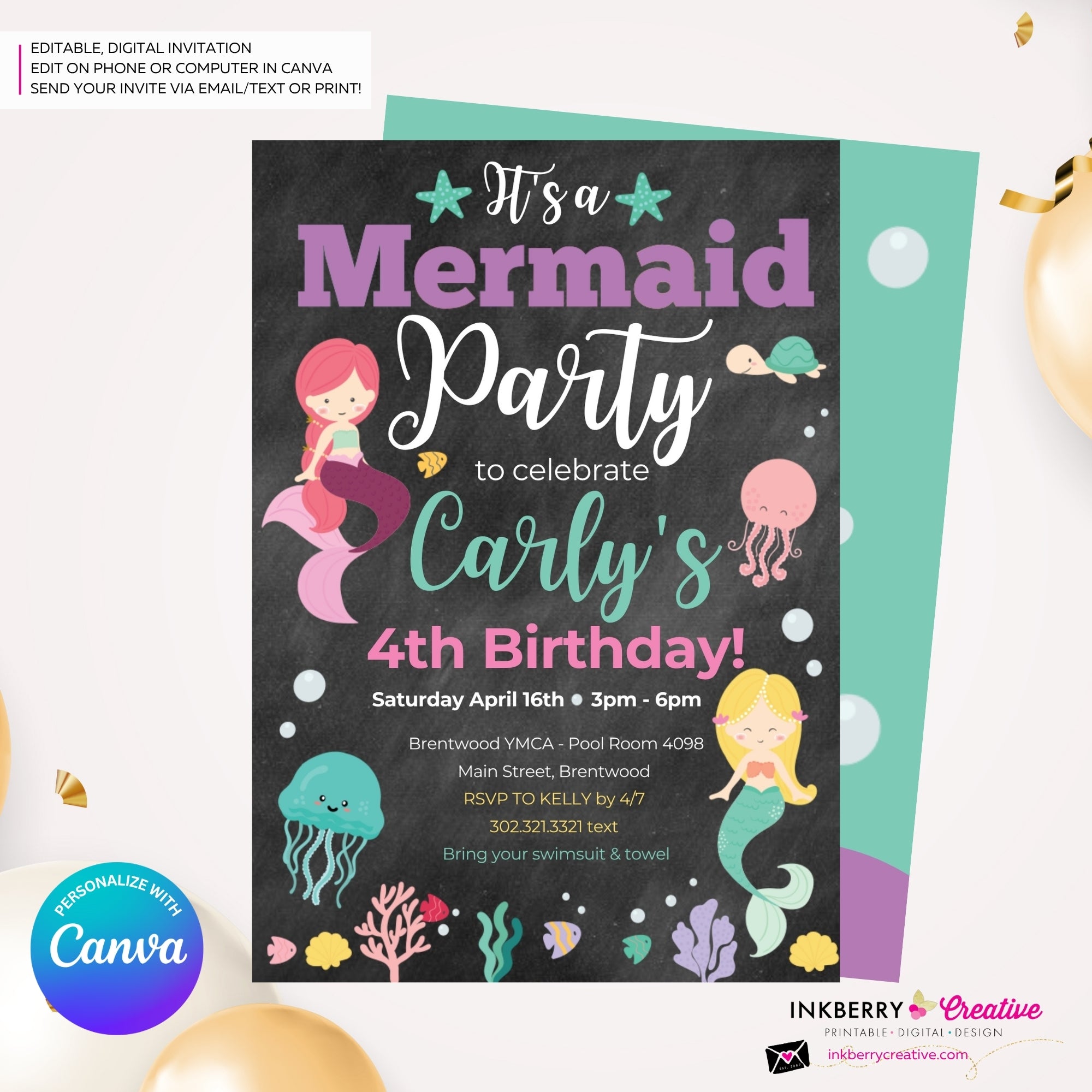 Mermaid Party Invitation - Chalkboard, Ocean Animals, Mermaids, Jelly Fish, Star Fish, Shells - Printable Instant Download, Edit in Canva