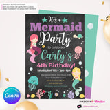 Mermaid Party Invitation - Chalkboard, Ocean Animals, Mermaids, Jelly Fish, Star Fish, Shells - Printable Instant Download, Edit in Canva