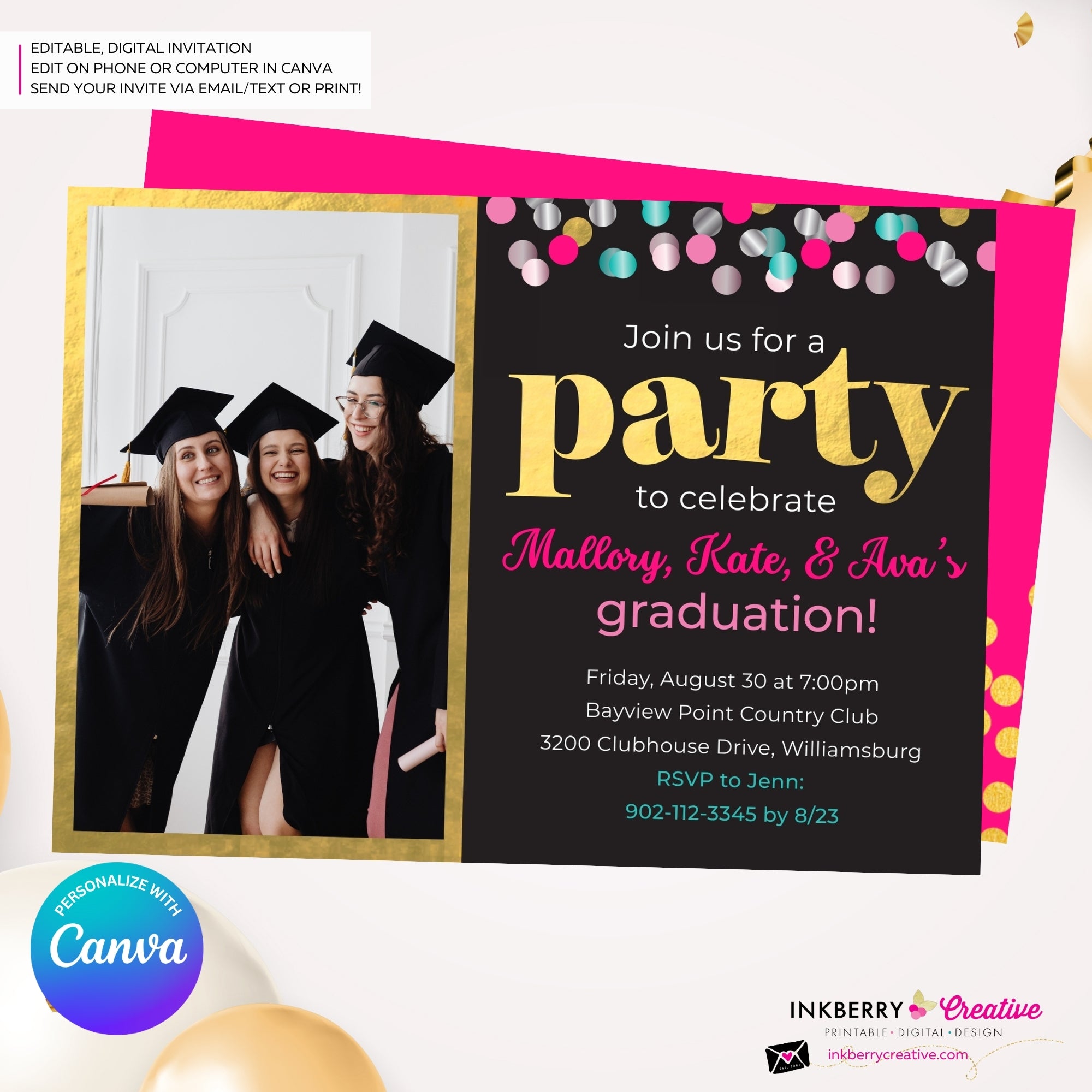Graduation Confetti Pop Photo Invitation or Announcement, Edit in Canva