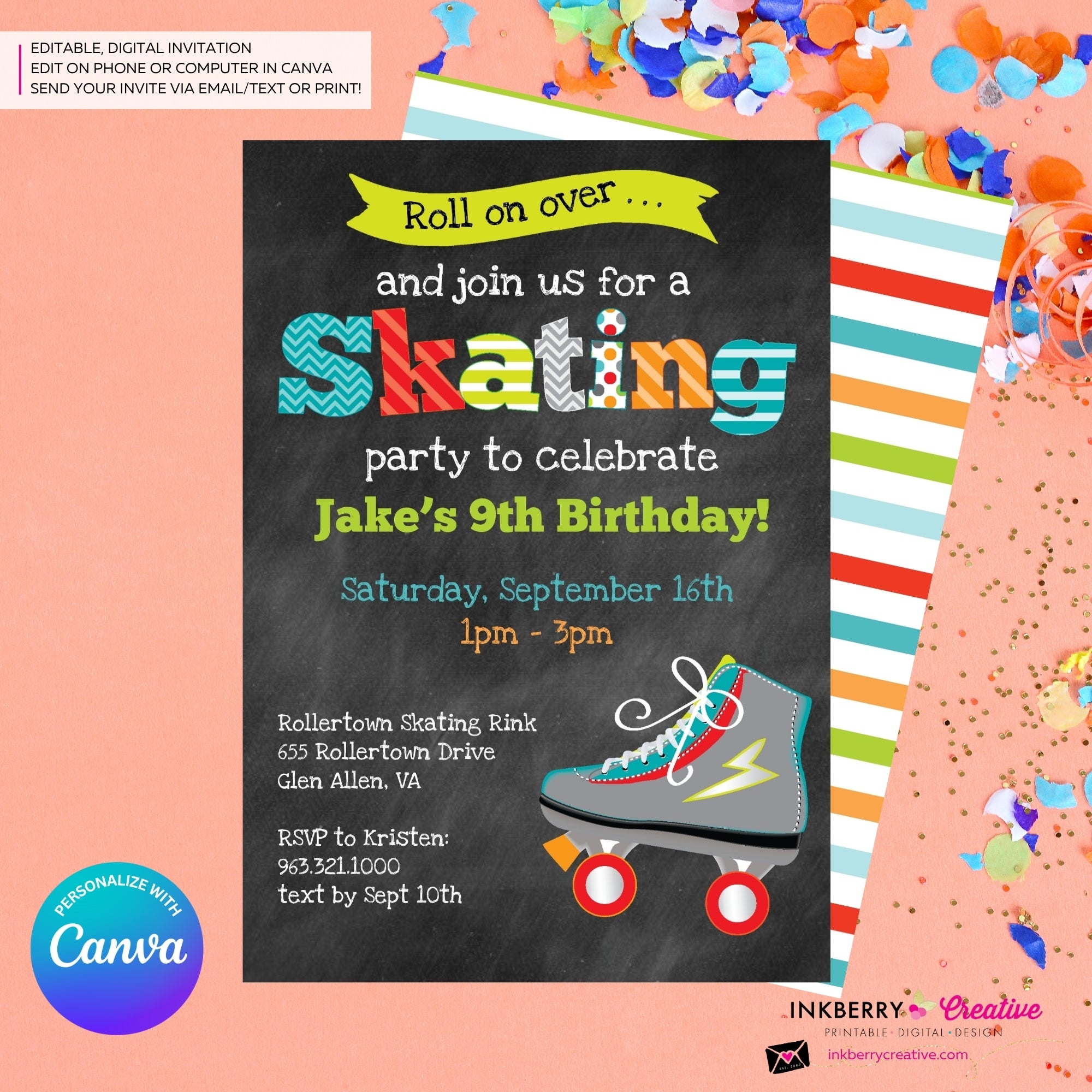 Editable Roller Skating Birthday Party Invitation - Boys Roller Skate Party Invite, Chalkboard, Roller Skating Rink Invite, Edit in Canva