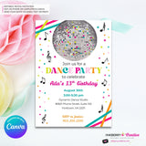 Neon Dance Party Invitation (White) with Disco Ball - Printable, Instant Download, Edit in Canva