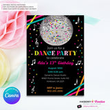 Neon Glow Dance Party Invitation (Black) with Disco Ball - Printable, Instant Download, Edit in Canva