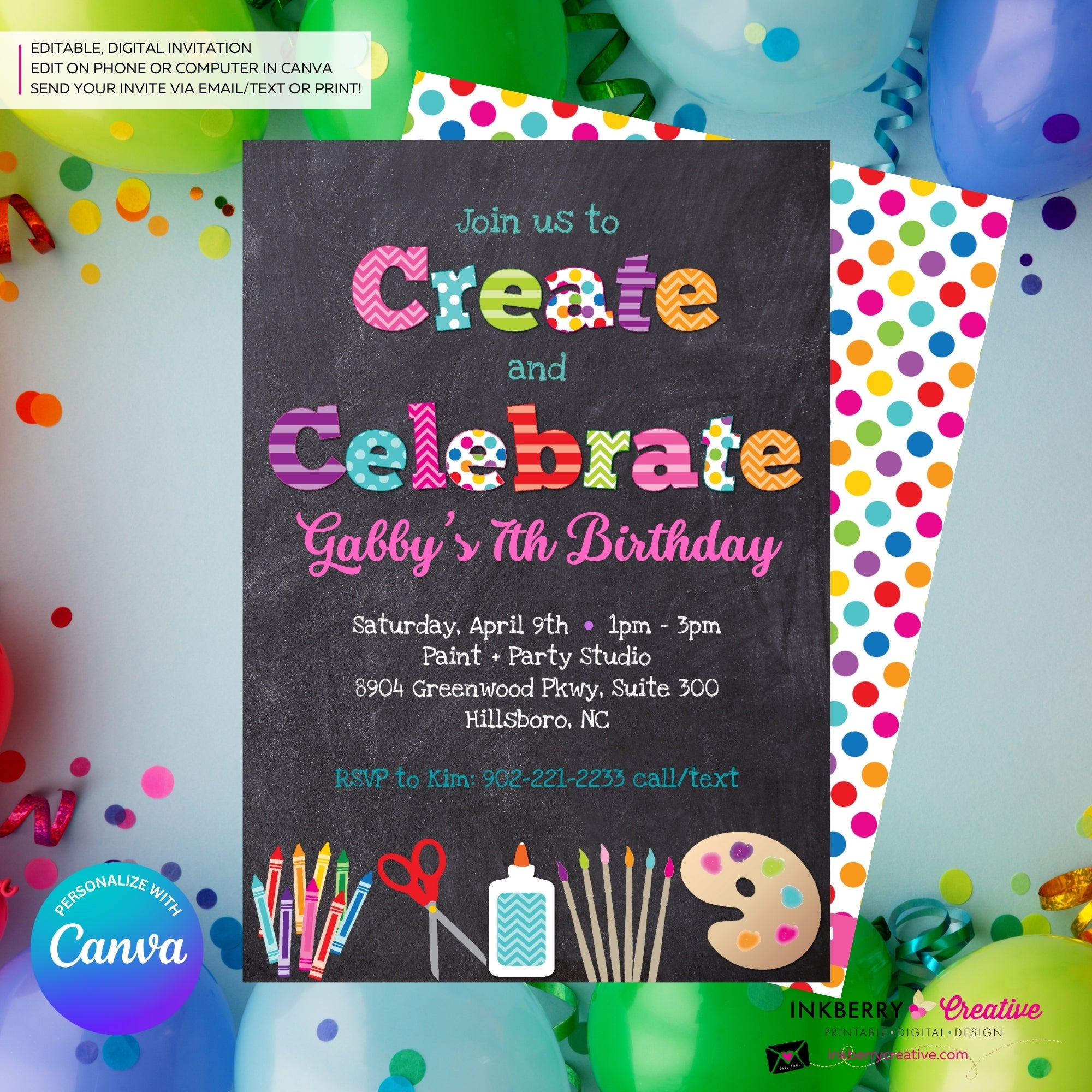 Create and Celebrate - Arts and Crafts Birthday Party Invitation, Chalkboard Style - Kids Arts Crafts Painting Party - Printable, Instant Download, Edit in Canva