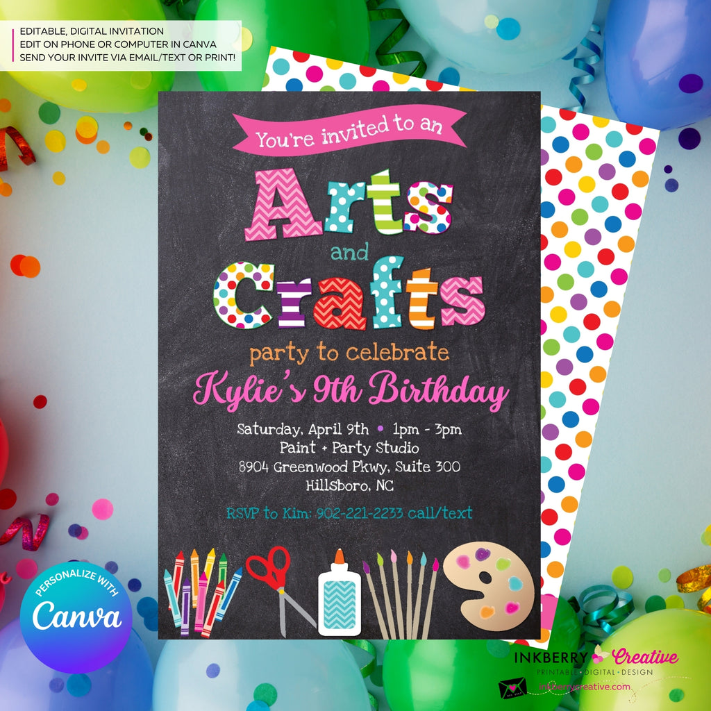 Arts and Crafts Birthday Party Invitation, Chalkboard Style, Kids Arts Crafts Painting Party - Printable, Instant Download, Edit in Canva