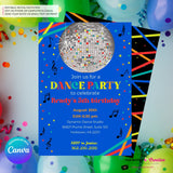 Neon Glow Dance Party Invitation (Boys Blue) with Disco Ball - Printable, Instant Download, Edit in Canva