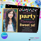 Confetti Pop Photo Party Invitation - Any Age, Any Occasion, Gold, Aqua, Pink Confetti, Birthday Photo invite, Sweet 16, Edit in Canva