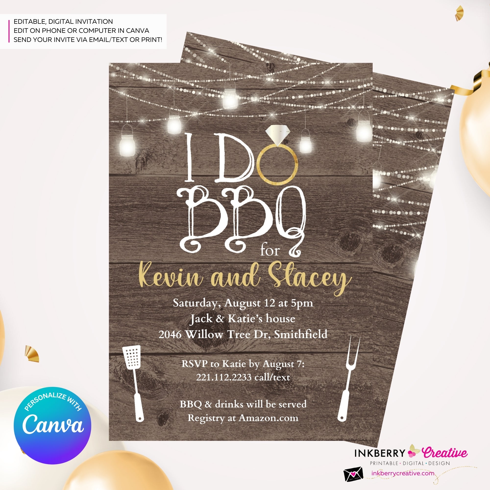I Do Barbecue - Couples, Coed, Backyard Cookout, BBQ Theme Bridal Shower Invitation - Personalize and Edit in Canva