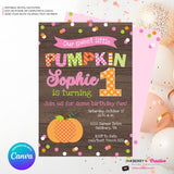 Pumpkin First Birthday (Girls) Woodgrain, Confetti Party Invitation - Printable, Edit in Canva