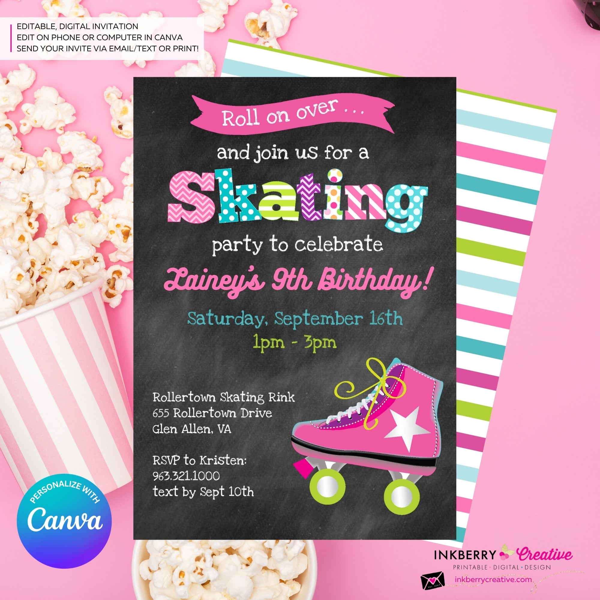 Editable Roller Skating Birthday Party Invitation - Girls Roller Skate Party Invite, Chalkboard, Roller Skating Rink Invite, Edit in Canva
