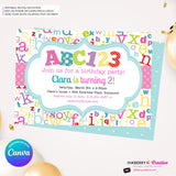 Alphabet Birthday Party Invitation Girls - Alphabet Theme Party Invite - Girl ABC Birthday Party - Personalize and Edit in Canva