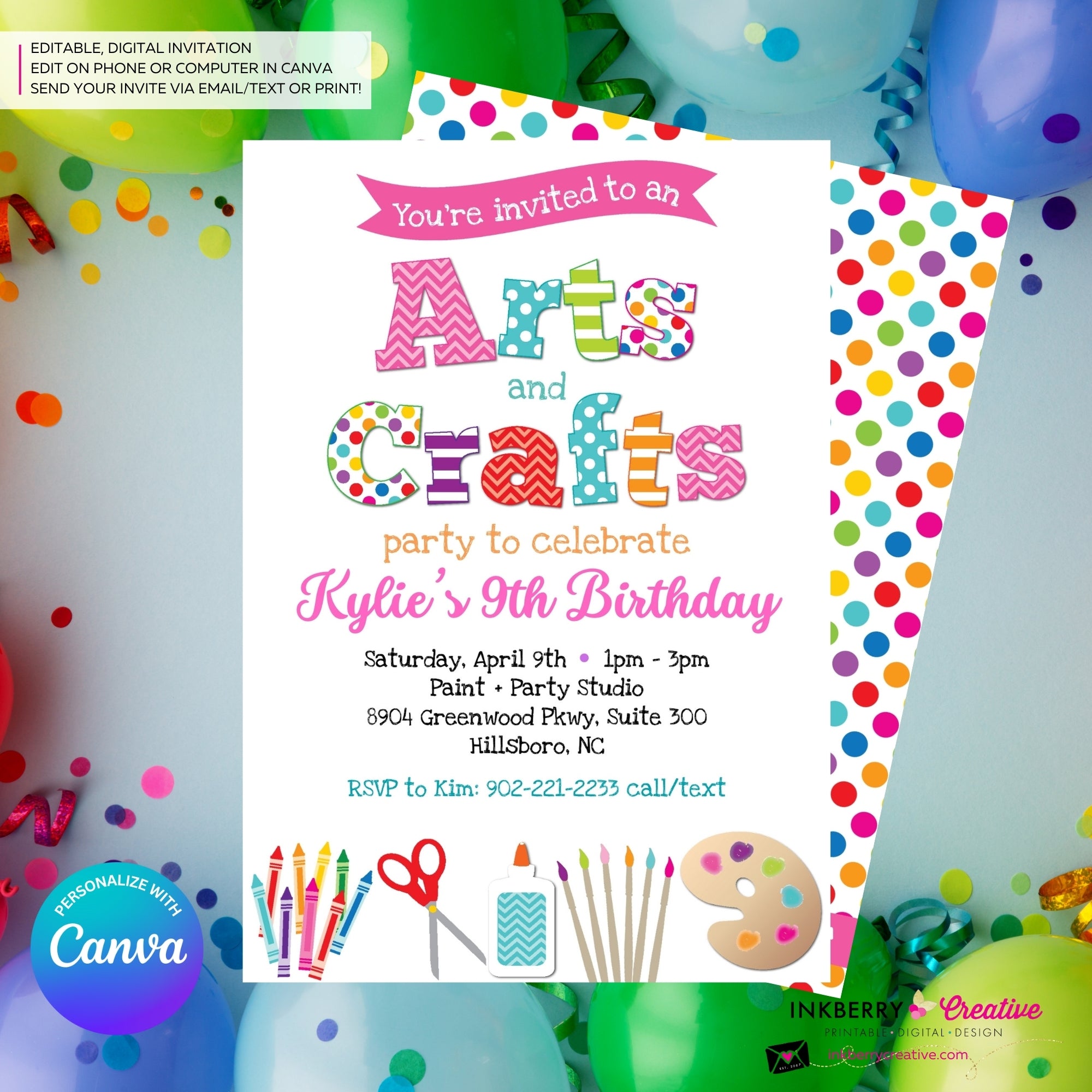 Arts and Crafts Birthday Party Invitation, Kids Arts Crafts Painting Party - Printable, Instant Download, Edit in Canva