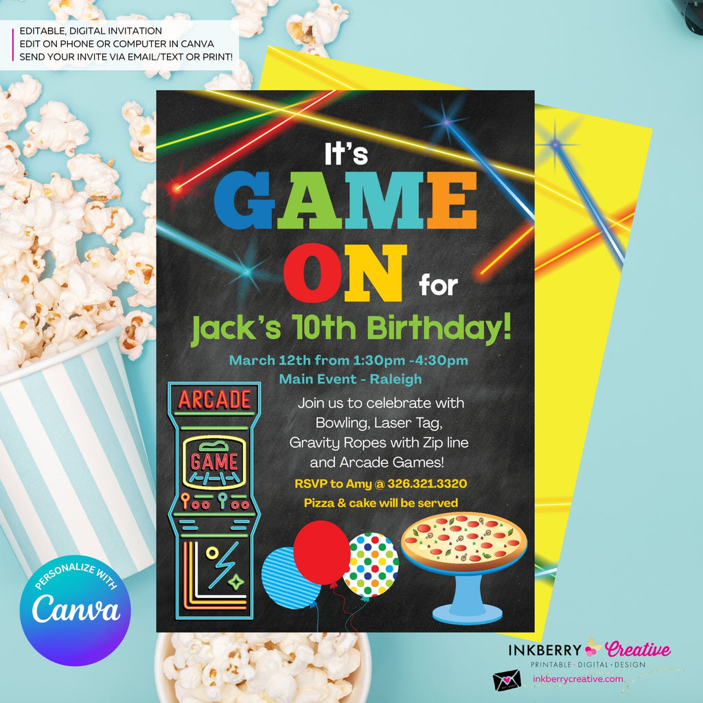 Game On - Arcade Games, Pizza Birthday Party Invitation - Chalkboard Boys Arcade Game Pizza Party - Printable, Digital File, Edit in Canva