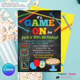 Game On - Arcade Games, Pizza Birthday Party Invitation - Chalkboard Boys Arcade Game Pizza Party - Printable, Digital File, Edit in Canva