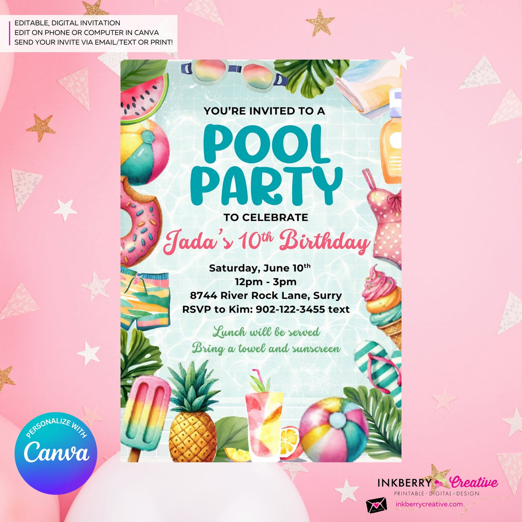 Summertime Fun Pool Party Invitation - Summer Pool Party - Printable, Instant Download, Editable in Canva