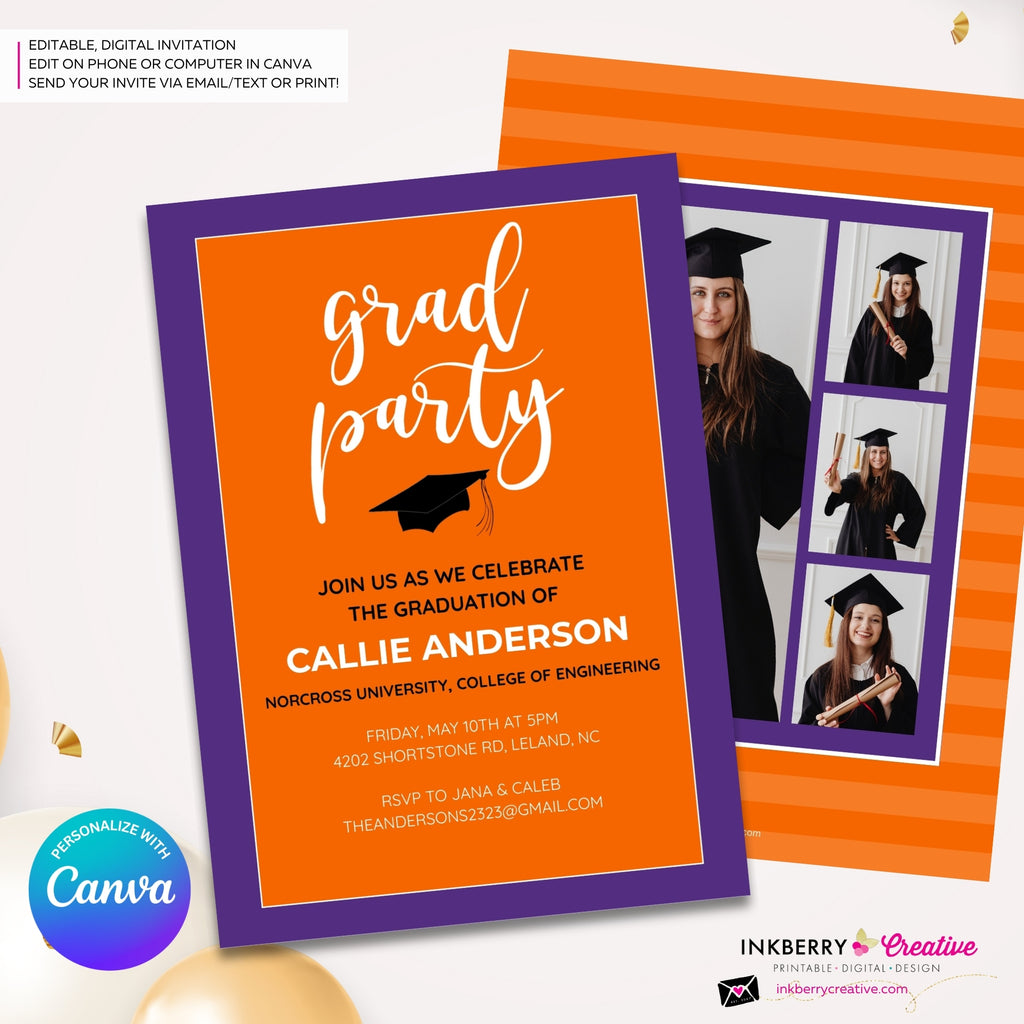 Grad Party Color Block Script - Orange Purple - Custom Color Graduation Invitation or Announcement - Editable in Canva