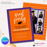 Grad Party Color Block Script - Orange Purple - Custom Color Graduation Invitation or Announcement - Editable in Canva