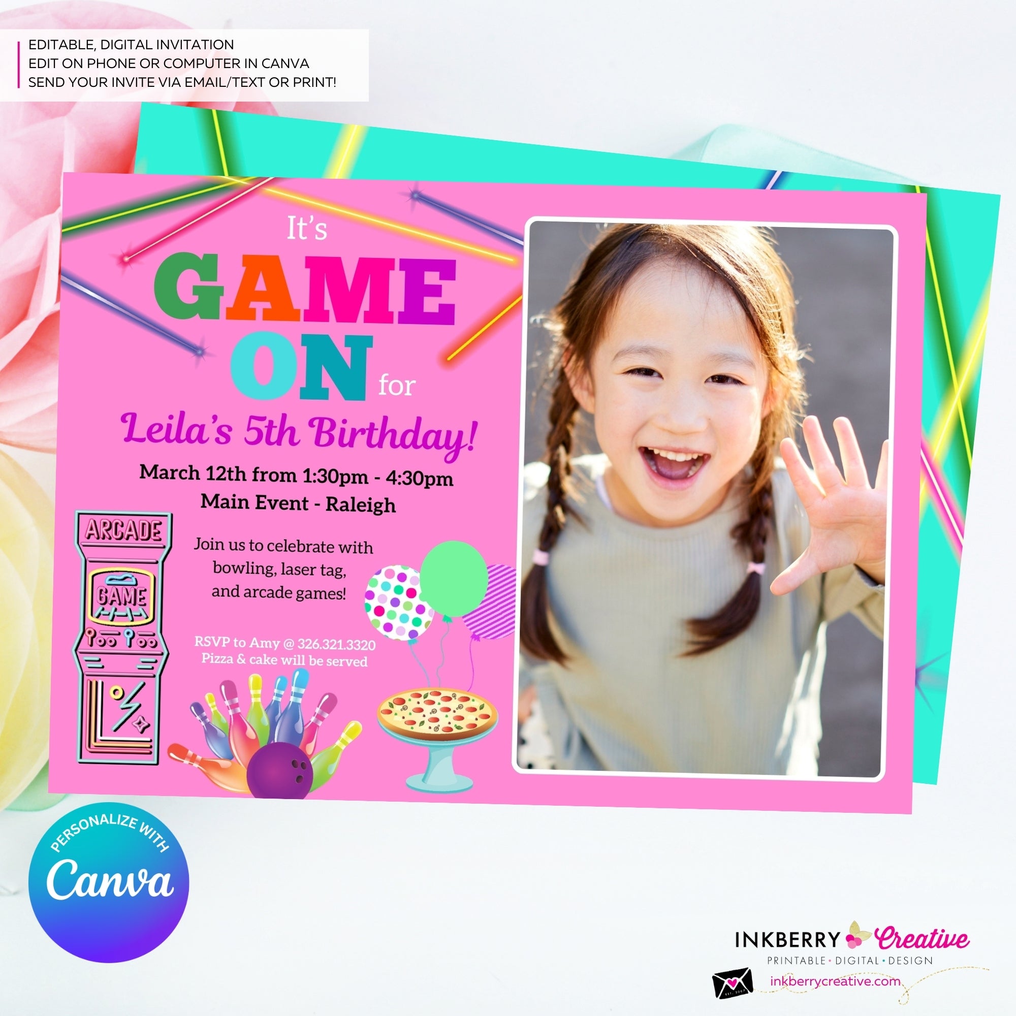 Game On Girls Pink PHOTO Arcade, Pizza, Bowling Birthday Party Digital, Printable Invitation - Edit in Canva