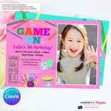 Game On Girls Pink PHOTO Arcade, Pizza, Bowling Birthday Party Digital, Printable Invitation - Edit in Canva
