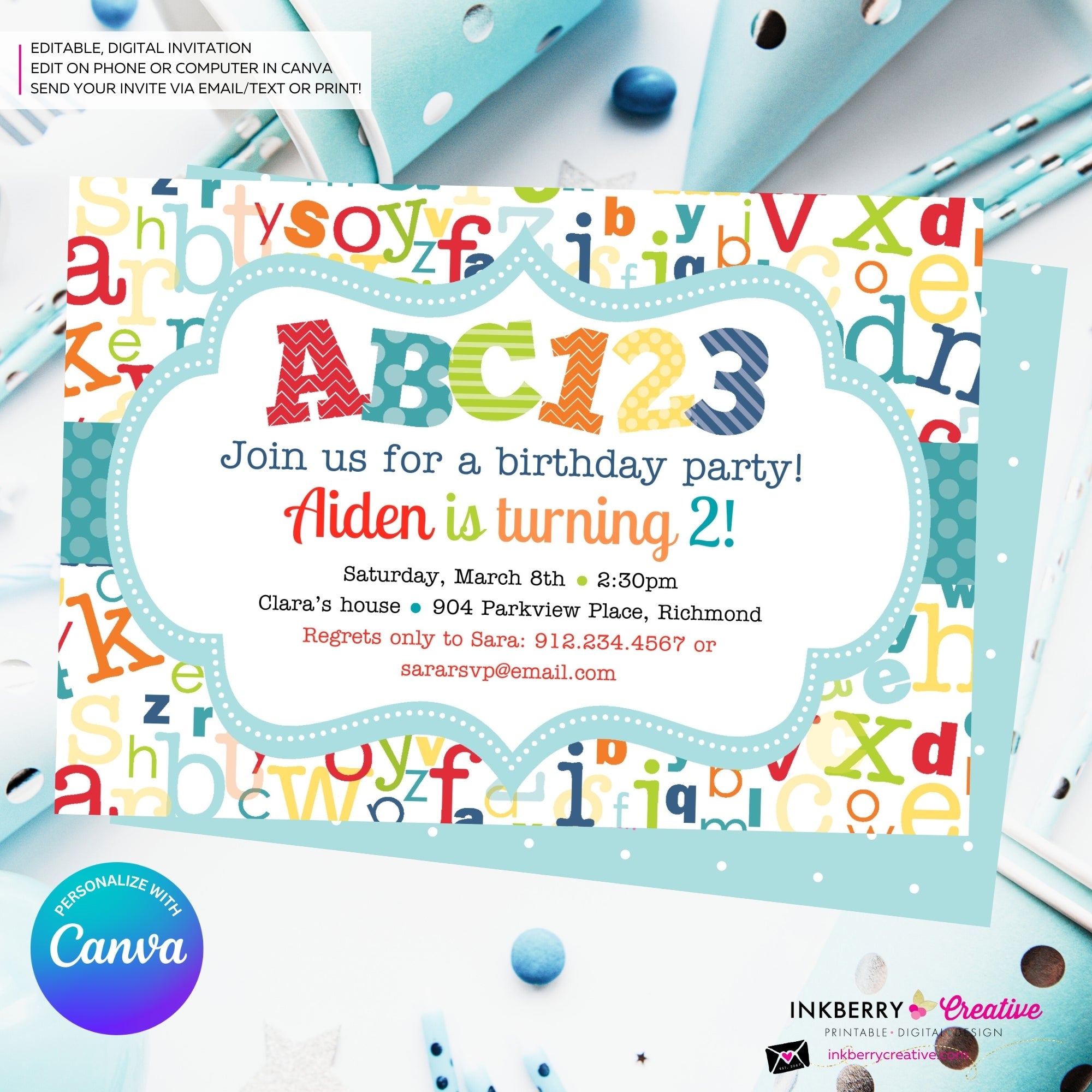 Alphabet Birthday Party Invitation - Printable, Instant Download, Editable, PDF