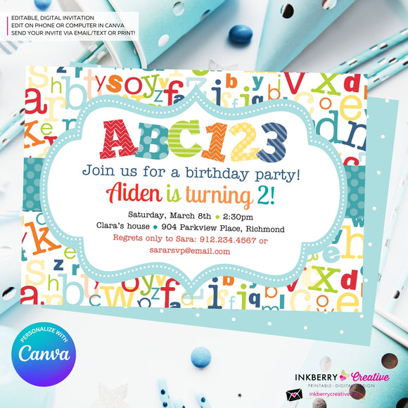 Alphabet Birthday Party Invitation - Printable, Instant Download, Editable, PDF