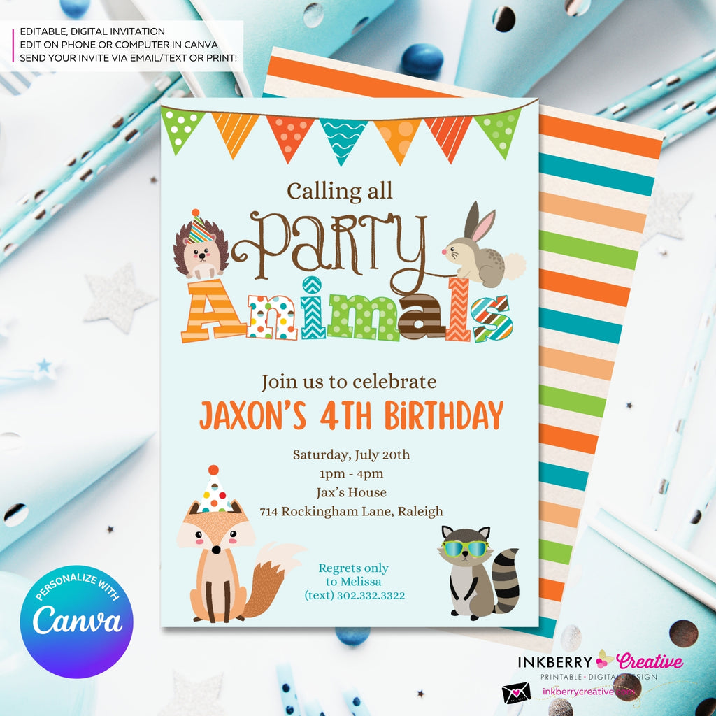 Editable Party Animal Birthday Party Invitation - Boys Cute Woodland Forest Animals Party Invite, Customize and Edit in Canva