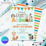 Editable Party Animal Birthday Party Invitation - Boys Cute Woodland Forest Animals Party Invite, Customize and Edit in Canva