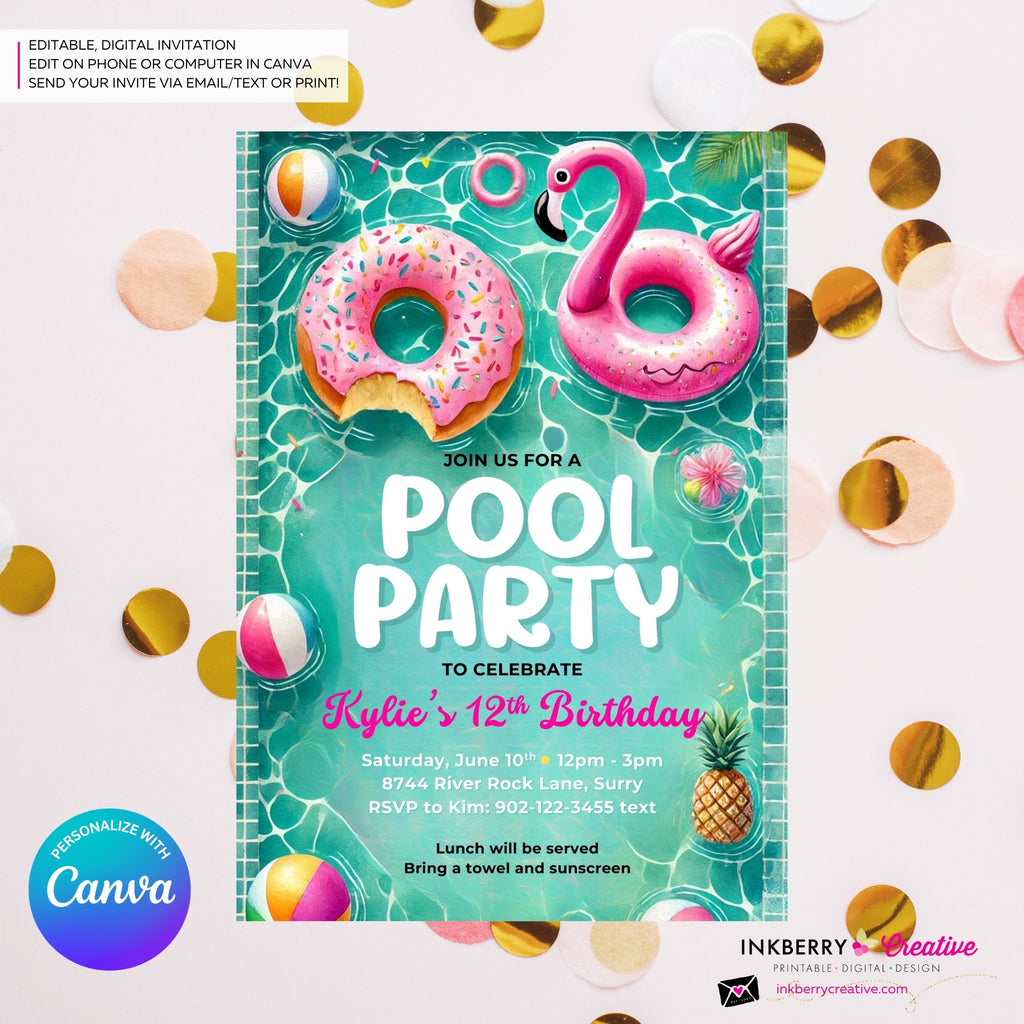Flamingo Float Pool Party Invitation - Summer Pool Party - Printable, Instant Download, Editable in Canva