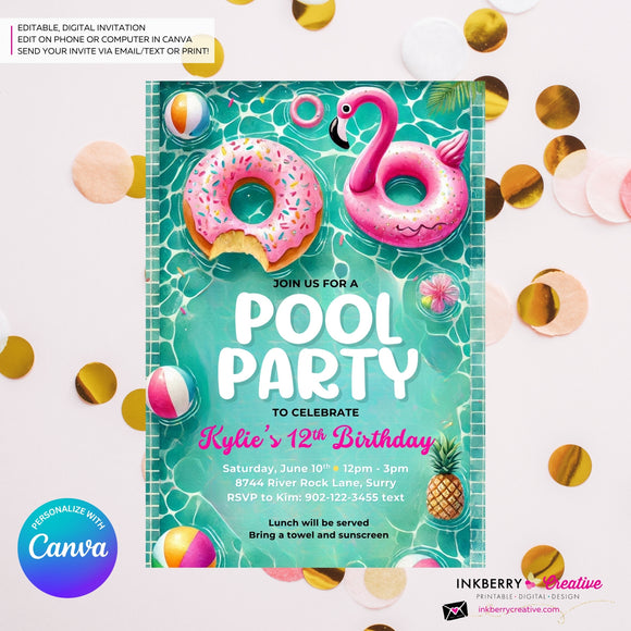 Flamingo Float Pool Party Invitation - Summer Pool Party - Printable, Instant Download, Editable in Canva