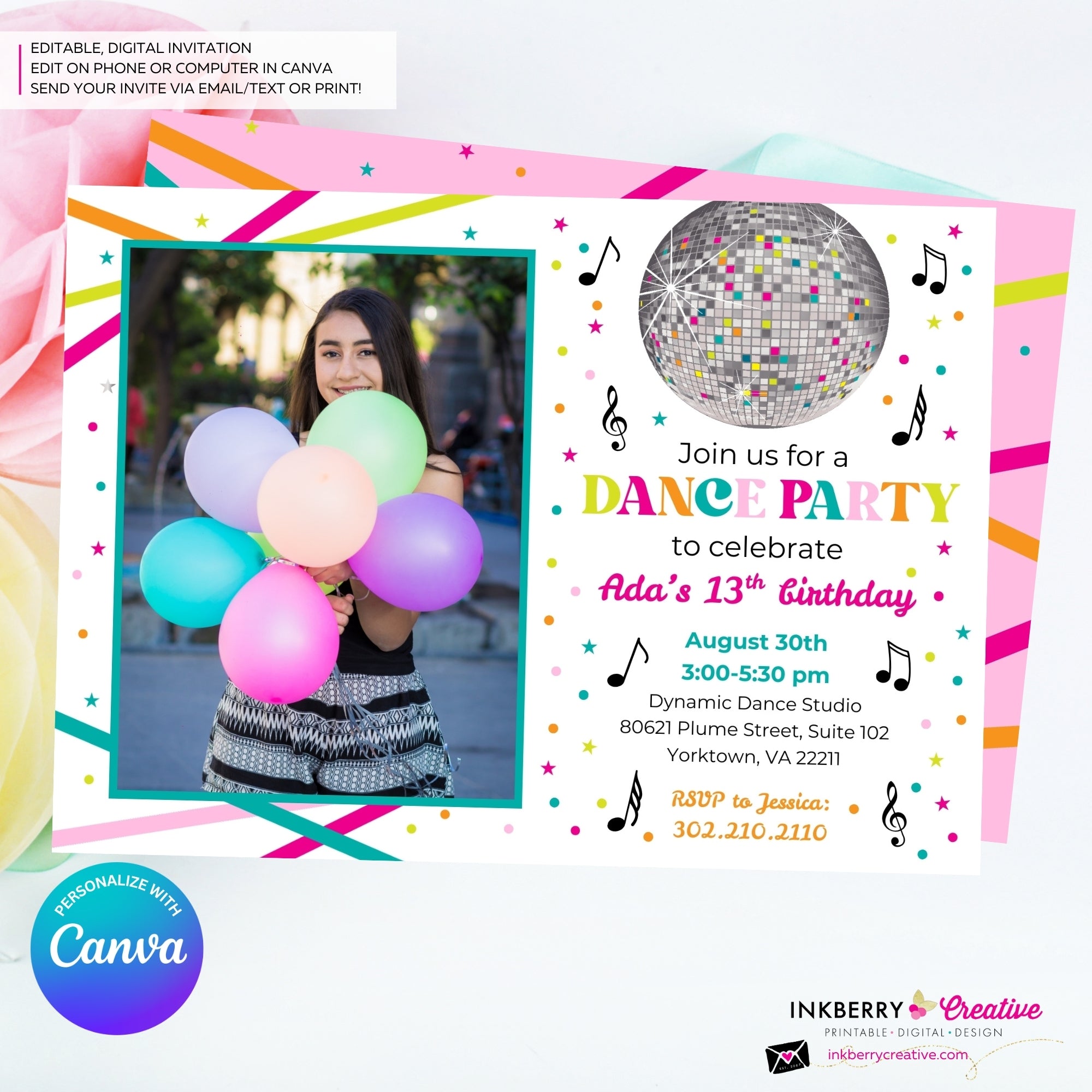 Neon Dance Party Birthday Party Photo Invitation, Digital, Printable File, Edit in Canva