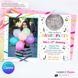 Neon Dance Party Birthday Party Photo Invitation, Digital, Printable File, Edit in Canva